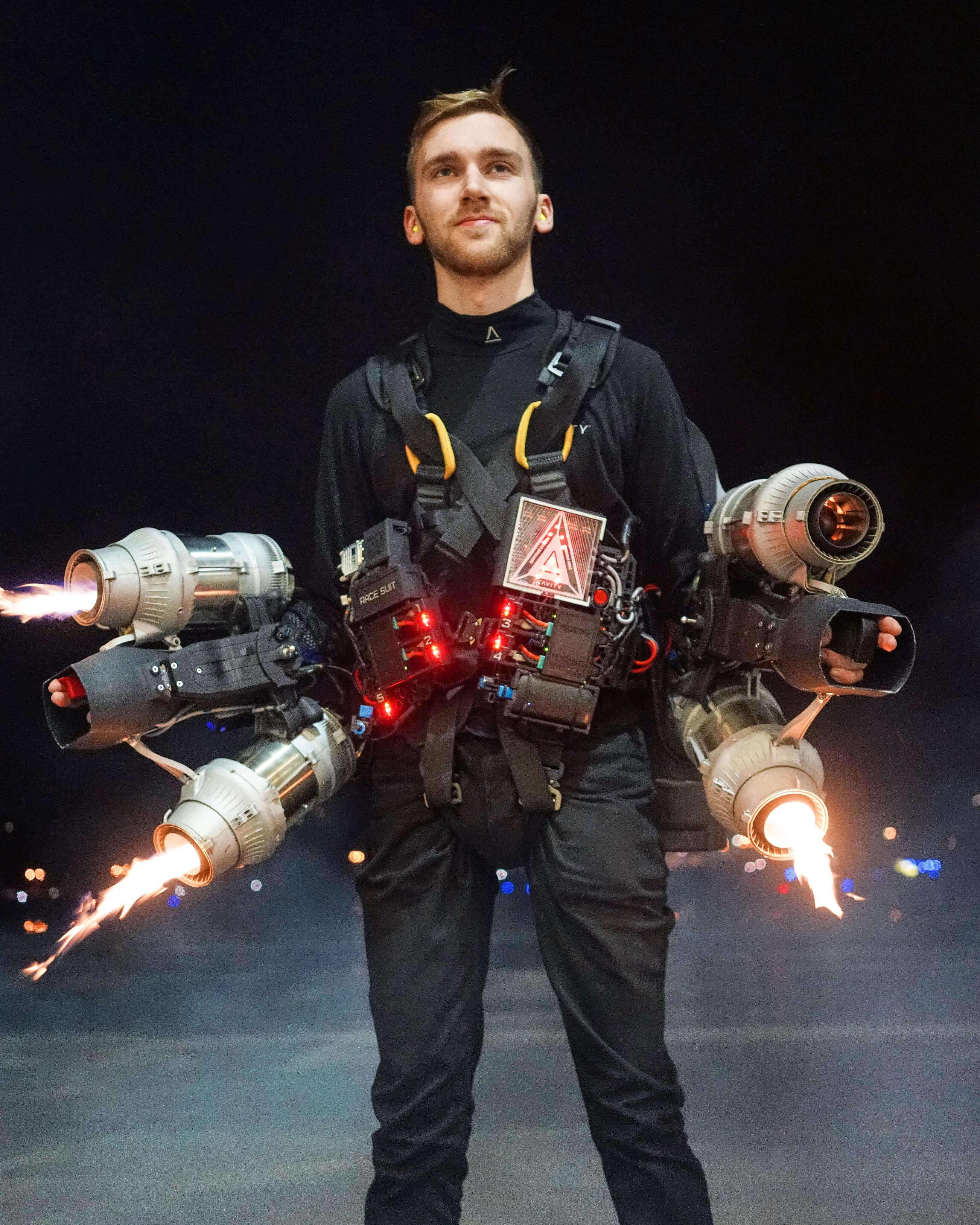 Sam Rogers, founder of AX wearing the Gravity Jet Suit